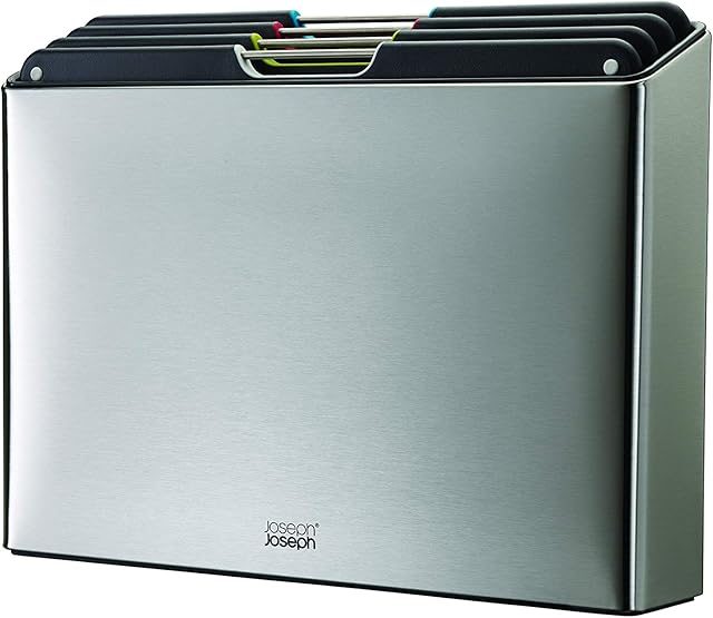Joseph Joseph Folio 4-Piece Colour coded Chopping Board Set, Slimline Stainless Steel case for organised kitchen storage, Large