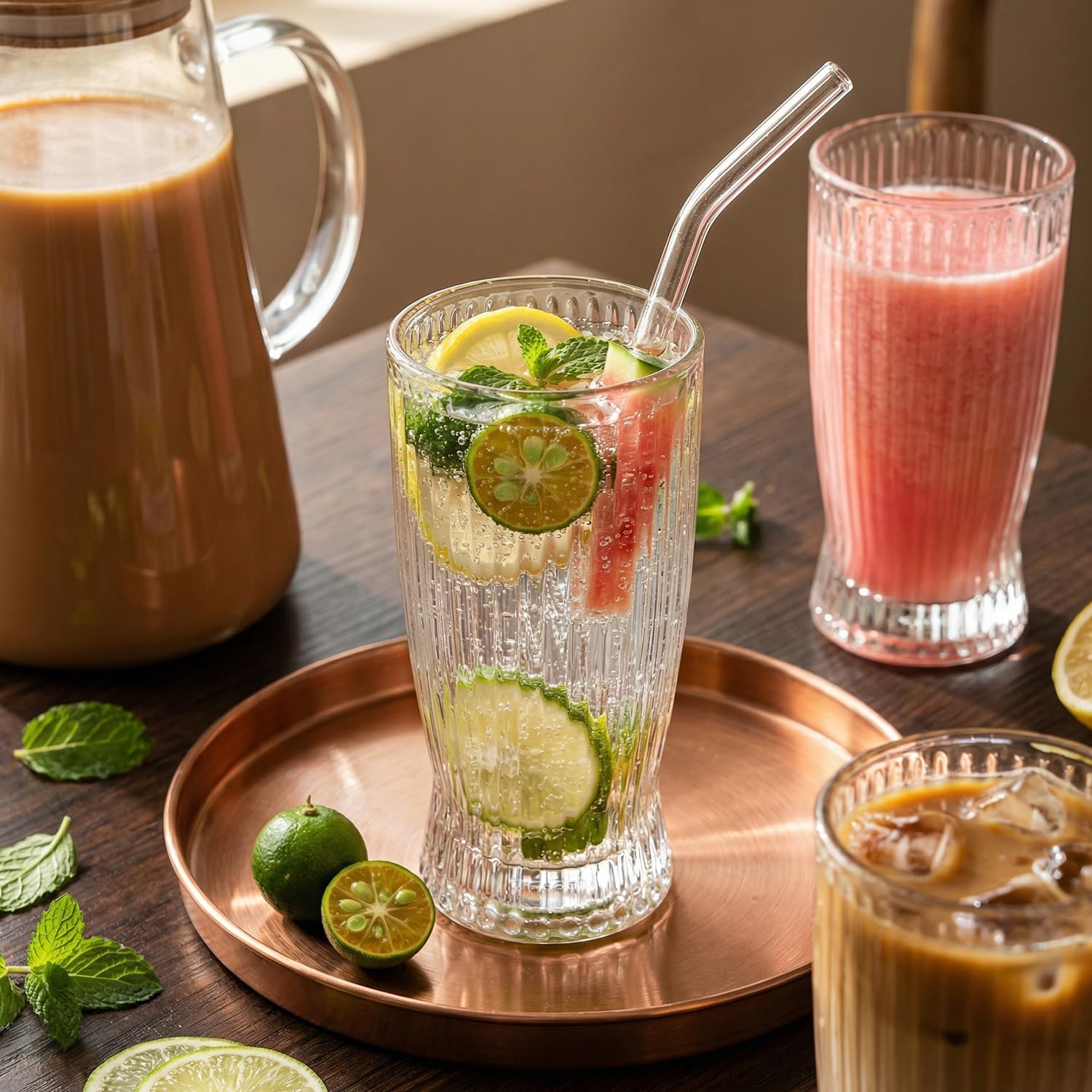 Ribbed Drinking Glasses Set of 6, 12 oz Glasswar and Glass Straws, Clear Water Glasses Kitchen Bar Glassware Set, Great for Cocktail and Other Beverages