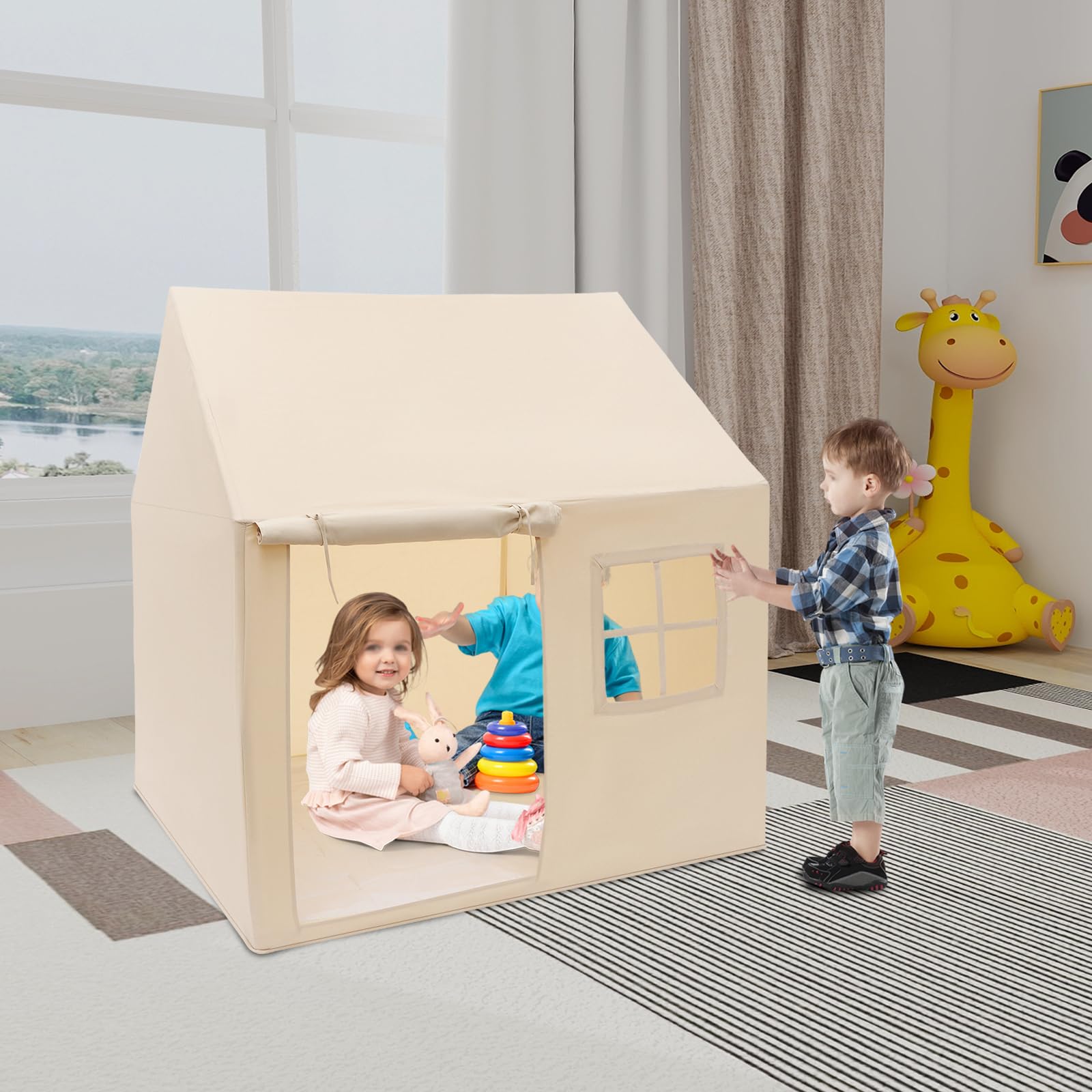 Kinderzelt Indoor mit Bodenmatte, Spielzelt Kinderzimmer, Großes Hauszelt für Kinder, Spielhaus mit Rolltür, Kuschelecke, Lesezelt, Mädchen & Jungen, Geschenk für Geburtstag und Weihnachten