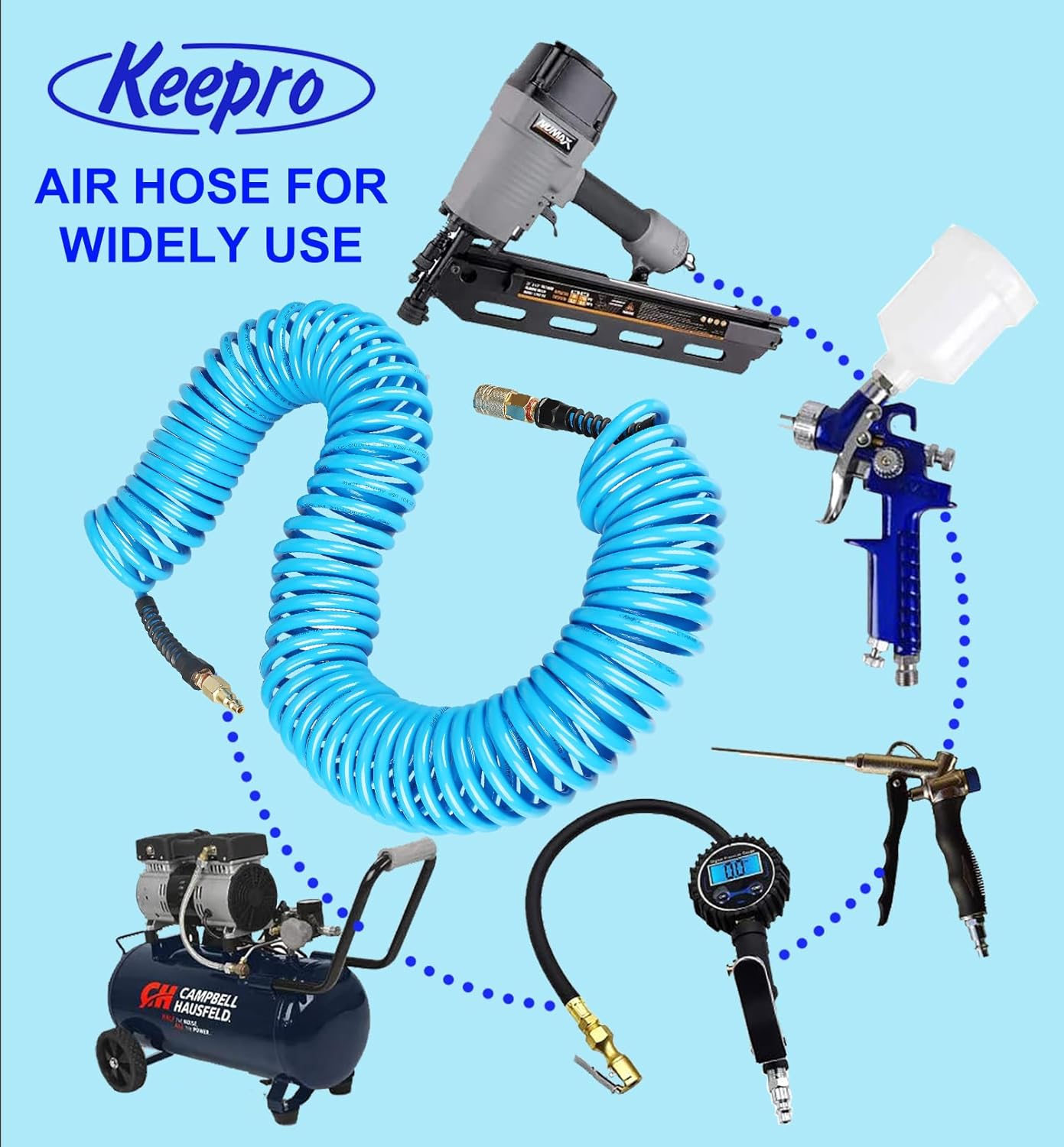 Keepro Polyurethane Recoil Air Hose, 1/4 Inch ID By 50 Feet Long Air Compressor Hose with Repairable Solid Brass 1/4" Industrial Quick Coupler and Plug, 145 PSI Maximum Pressure, Blue