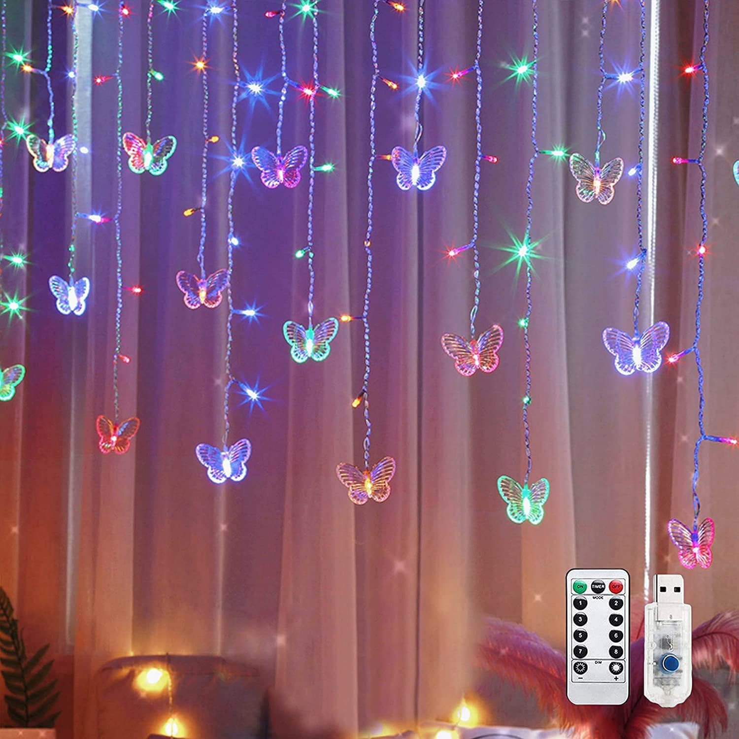 Lainin 13FT 96 LED USB Powered Curtain Lights 16 Butterflies Twinkle Lights 8 Modes Fairy String Lights for Party Indoor Outdoor Room Garden Wall Wedding Christmas Xmas Decorations (Multi Color)