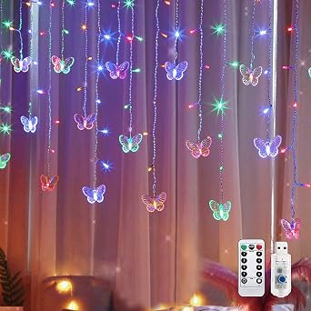 Lainin 13FT 96 LED USB Powered Curtain Lights 18 Butterflies Twinkle Lights 8 Modes Fairy String Lights for Party Indoor Outdoor Room Garden Wall Wedding Christmas Xmas Decorations Multi Color