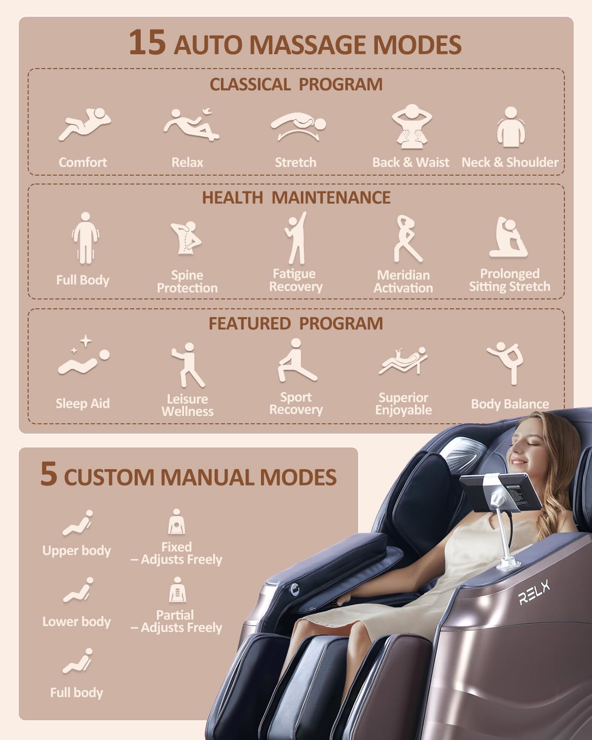 RELX 2026 Massage Chair Full Body, 20 Modes Zero Gravity SL-Track Shiatsu Massage Chair Built-in Heat System, Airbag Massage with Body Scan, Deep Yoga Stretch, Calfrest Extension and AI Control(Brown)