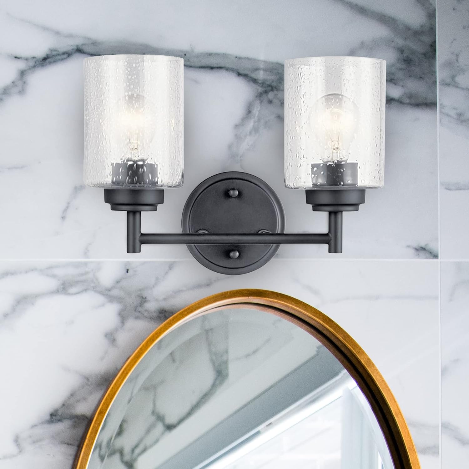 DYSMIO Wall Vanity Light - 2-Light Fixture with Crystal Clear Seeded Glass Shades - Modern Wall Sconce Lighting for Bathroom, Kitchen, Hallway, Home - with Mounting Hardware - Black