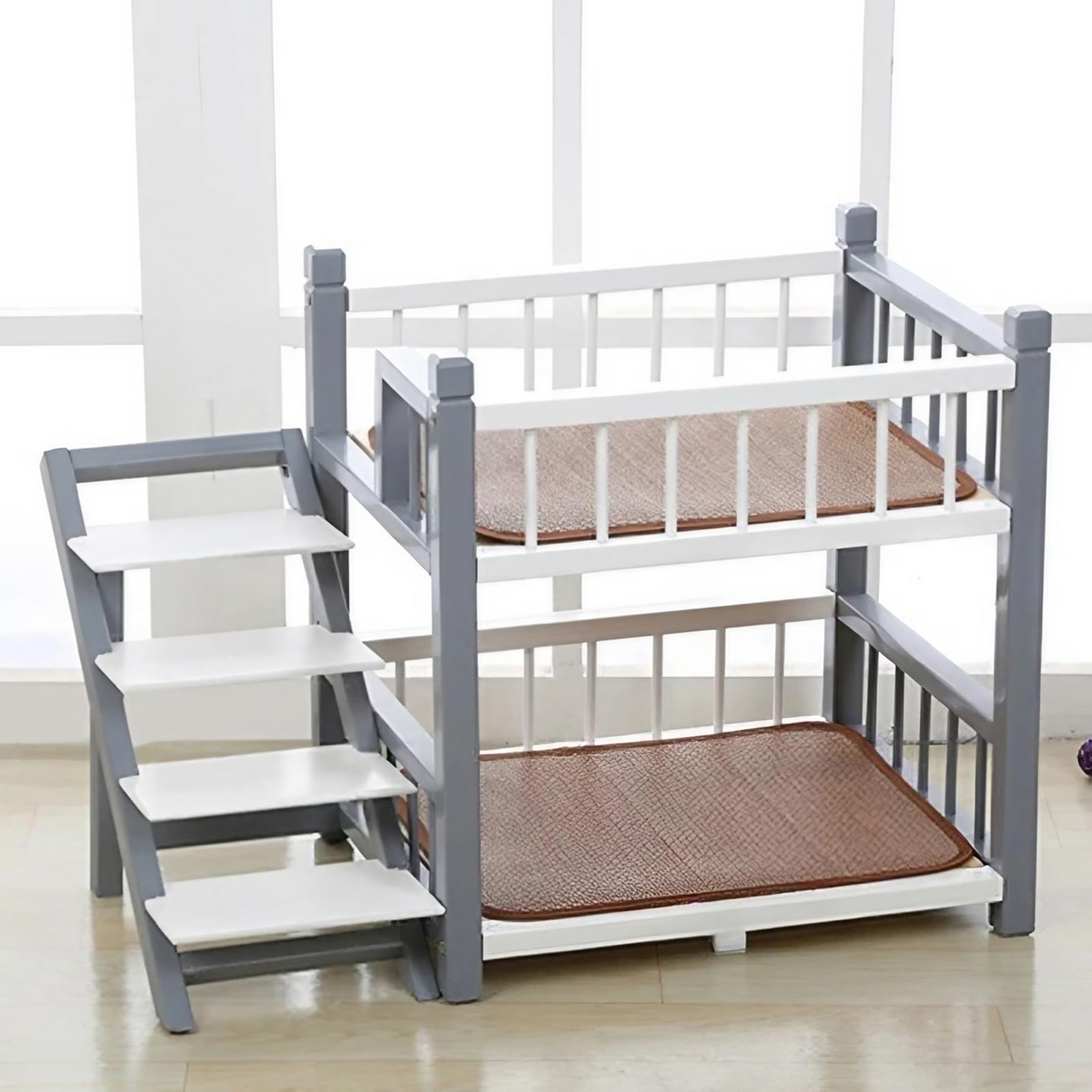EnweMahi Pet Bunk Bed, Solid Wood Cat Bunk Beds, Removable Bunk Bed for Dogs, Double Dog Bed for 2 Dogs Indoor, Upper and Lower Layer Design Dog Bunk Beds White gray S