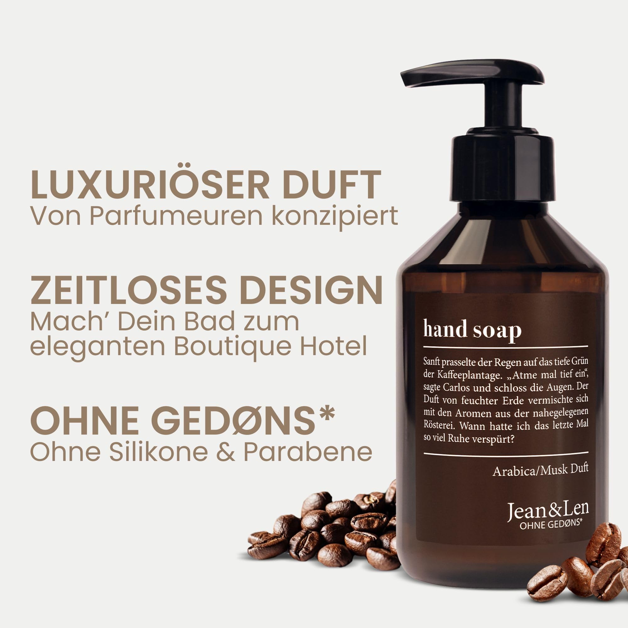Jean & Len Mydło do rąk Arabica & Musk, czyści zmęczone dłonie, nadaje się do codziennego użytku, mydło w płynie w dozowniku z pompką, aromatyczny zapach, wegańskie, 250 ml