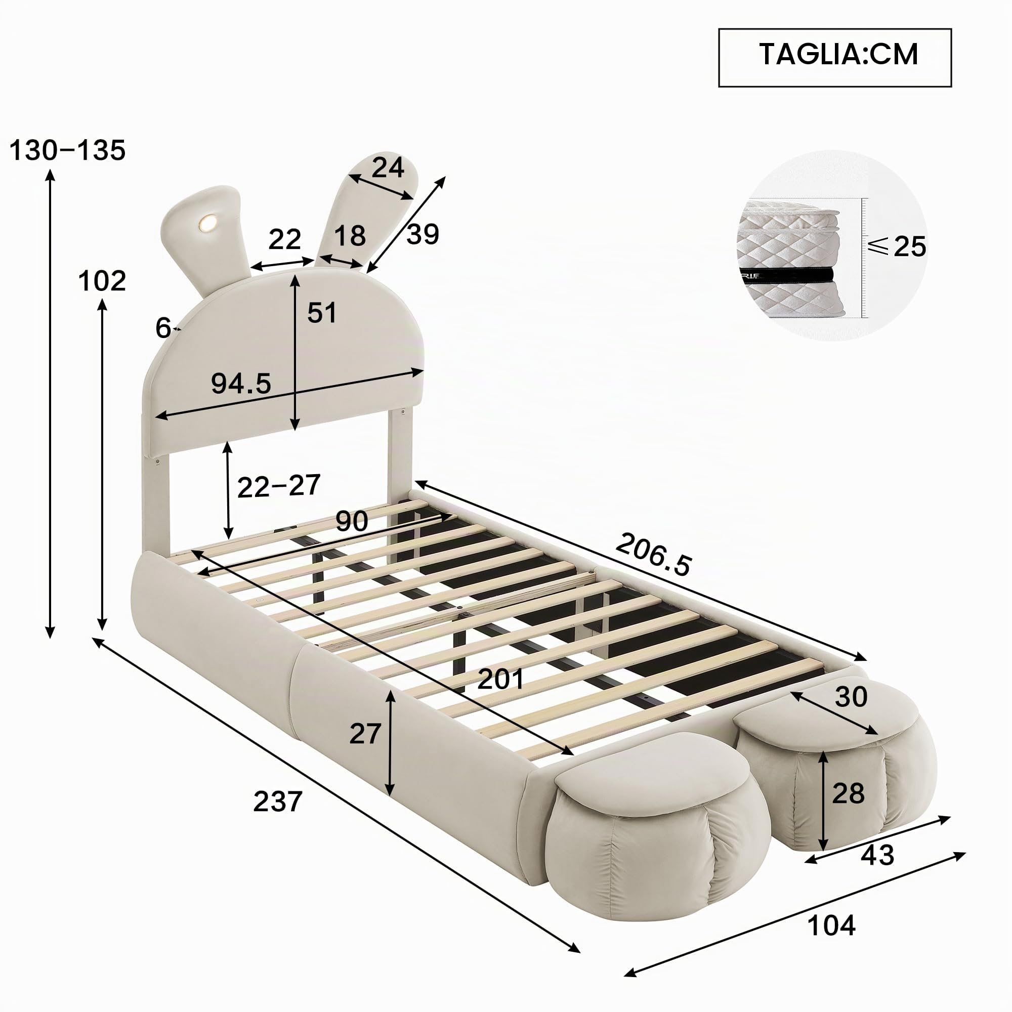 Letto imbottito da 90 x 200 cm, letto per bambini con 2 sgabelli di stoccaggio e illuminazione LED per comodino, orecchie di coniglio pieghevoli, struttura del letto LED per ragazze, letto per ragazzi