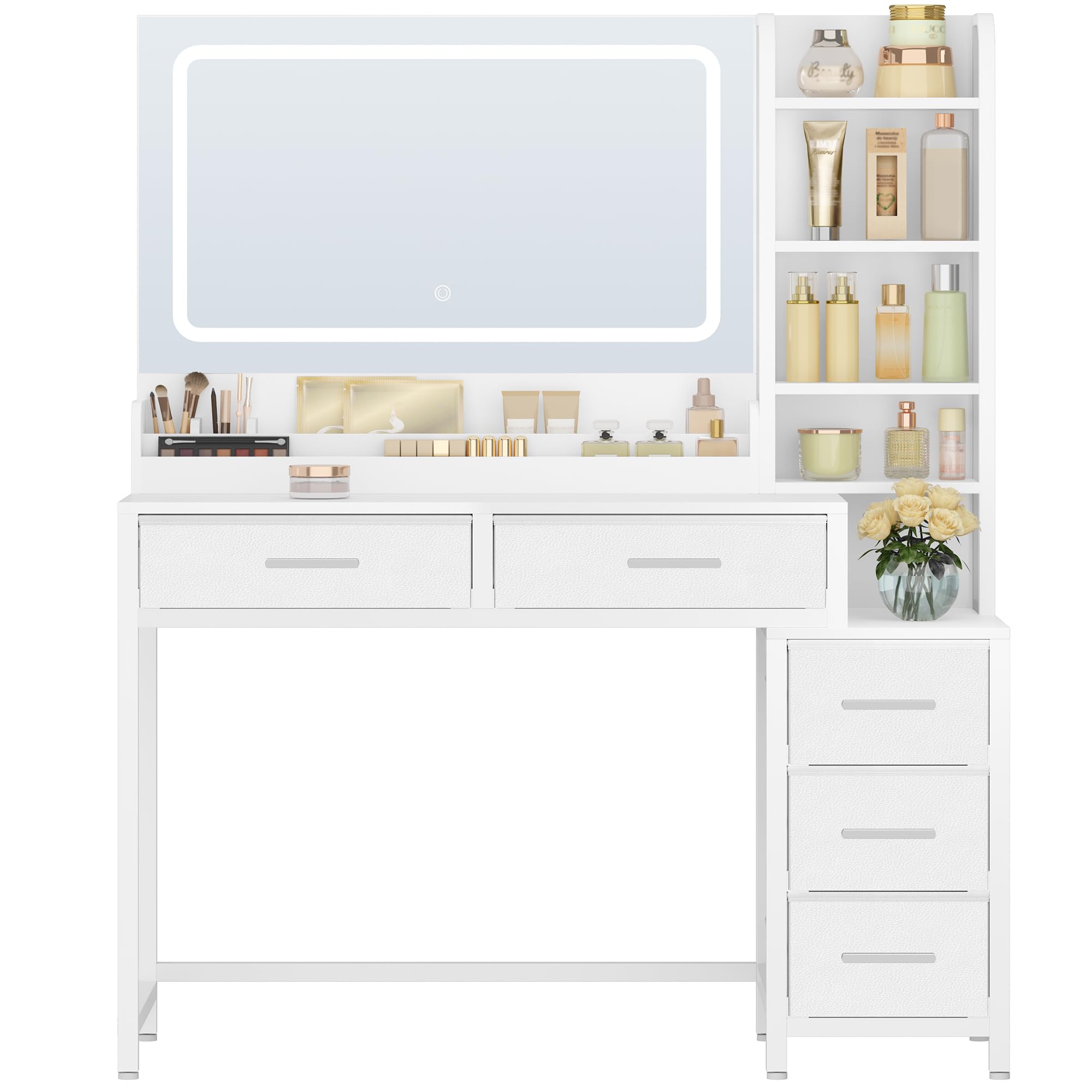 HEXCELEN 110 cm Coiffeuse avec Miroir, Blanc | Table de Maquillage avec Éclairage LED, Luminosité Réglable, 3 Couleurs, 5 Tiroirs et 5 Compartiments Ouverts