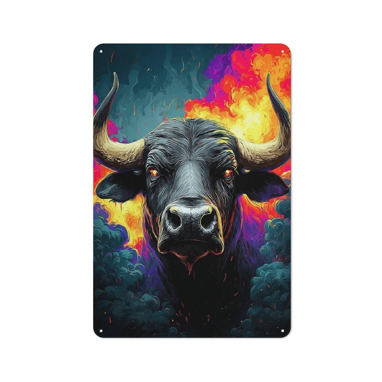 Junmoney Fiery Bull Digital Artwork -1 Vintage Tin Sign 30X20cm For Home Bar Wall, For Collectors Of Vintage Metal Wall Decor