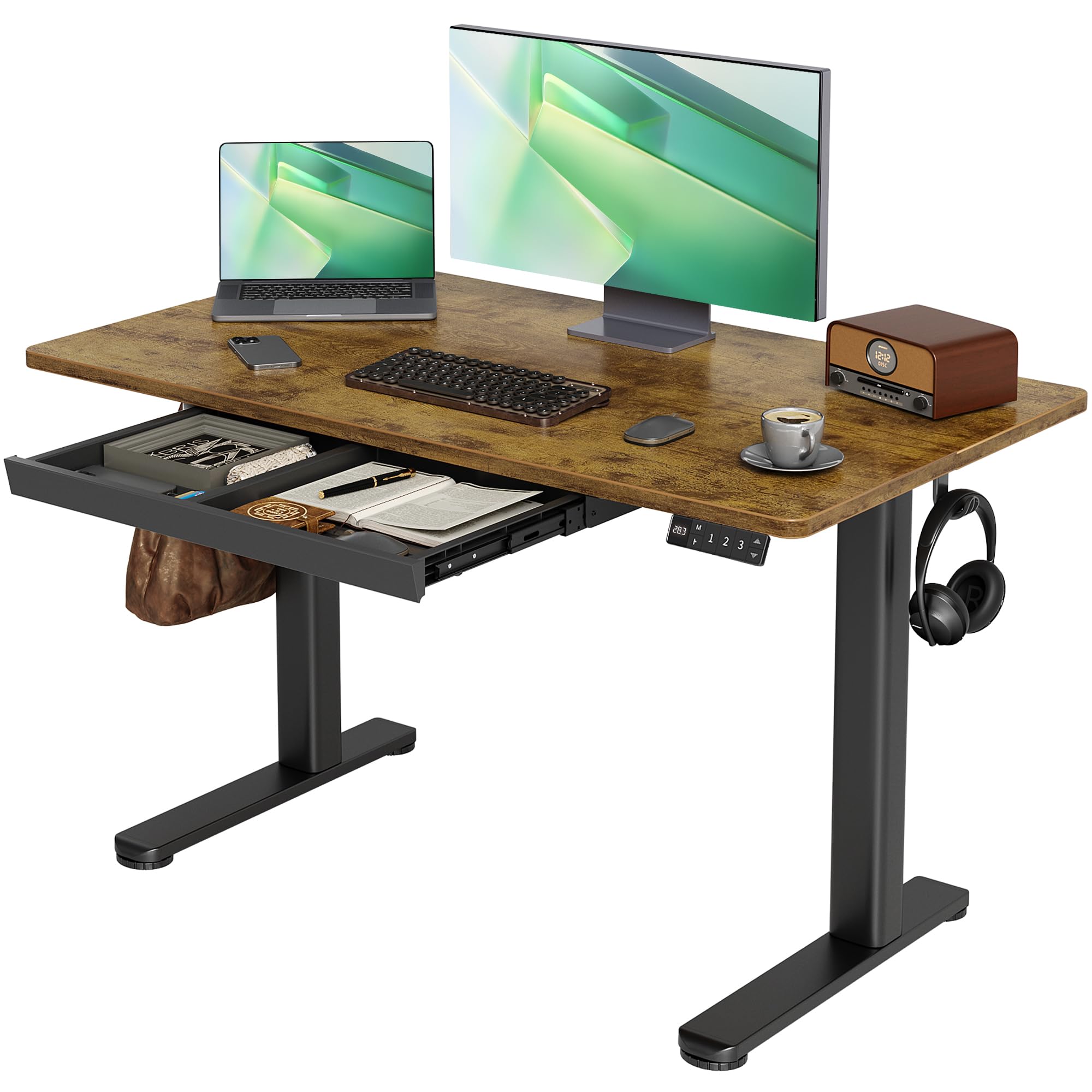 Standing Desk with Drawers, 48 x 24 Inches Electric Standing Desk Adjustable Height, Sit Stand Up Desks Computer Workstation, Rustic Brown