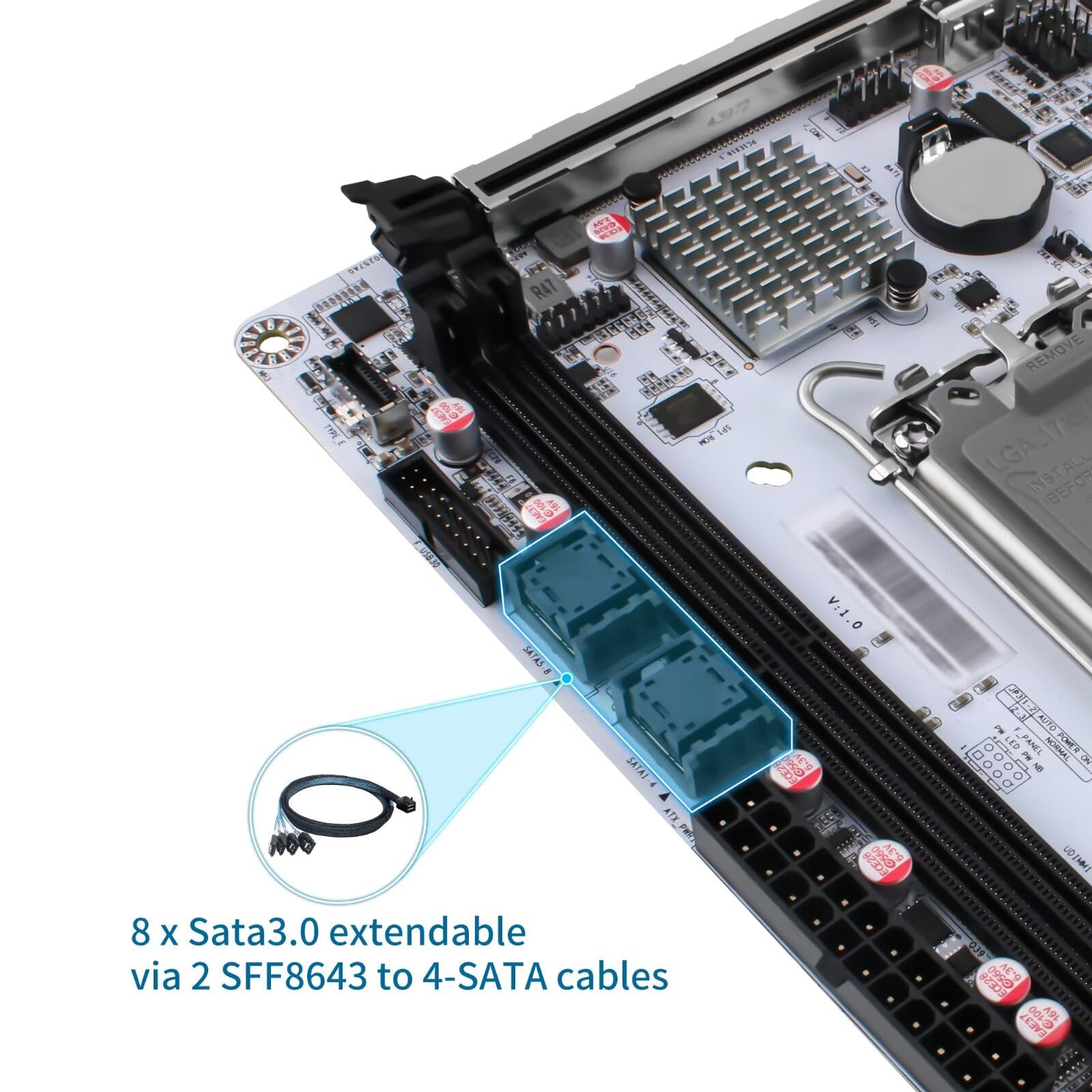 LGA 1700 Mini ITX Mainboard Q670, 8 Bay NAS Motherboard 3 x M.2 NVMe, 8 x SATA3.0 Board DDR5 with i226-LM 2.5GbE, PCIe5.0x16, USB C, Audio Port, Barebone NO RAM/SSD/OS