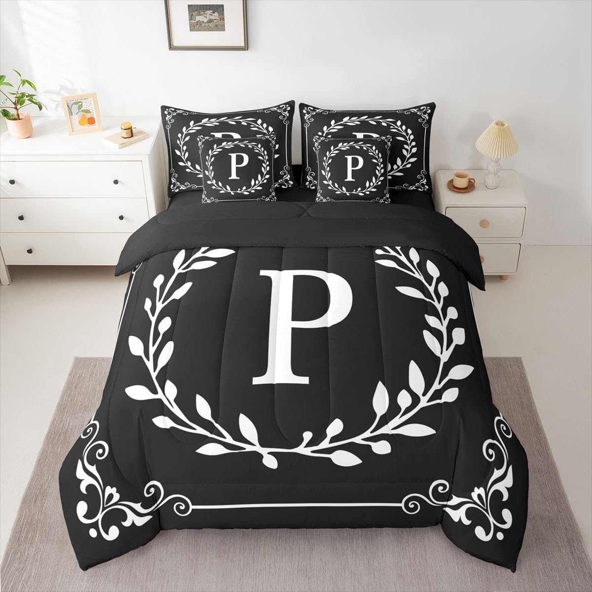 Initial Letter P Queen Comforter Set With Sheets Black White 7 Piece Bedding Set Boho Floral Leaves Bed In A Bag Personalized Gifts For Adult Women /Men /Teen Girls/ Frends Botanical Branches Bed Set