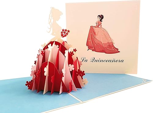 Miniatura 5 de iGifts And Cards La Quinceañera - Tarjeta desplegable – Elegante vestido 3D "La Quinceañera" rosa y rojo – Cumpleaños, hito, celebración, recuerdo –