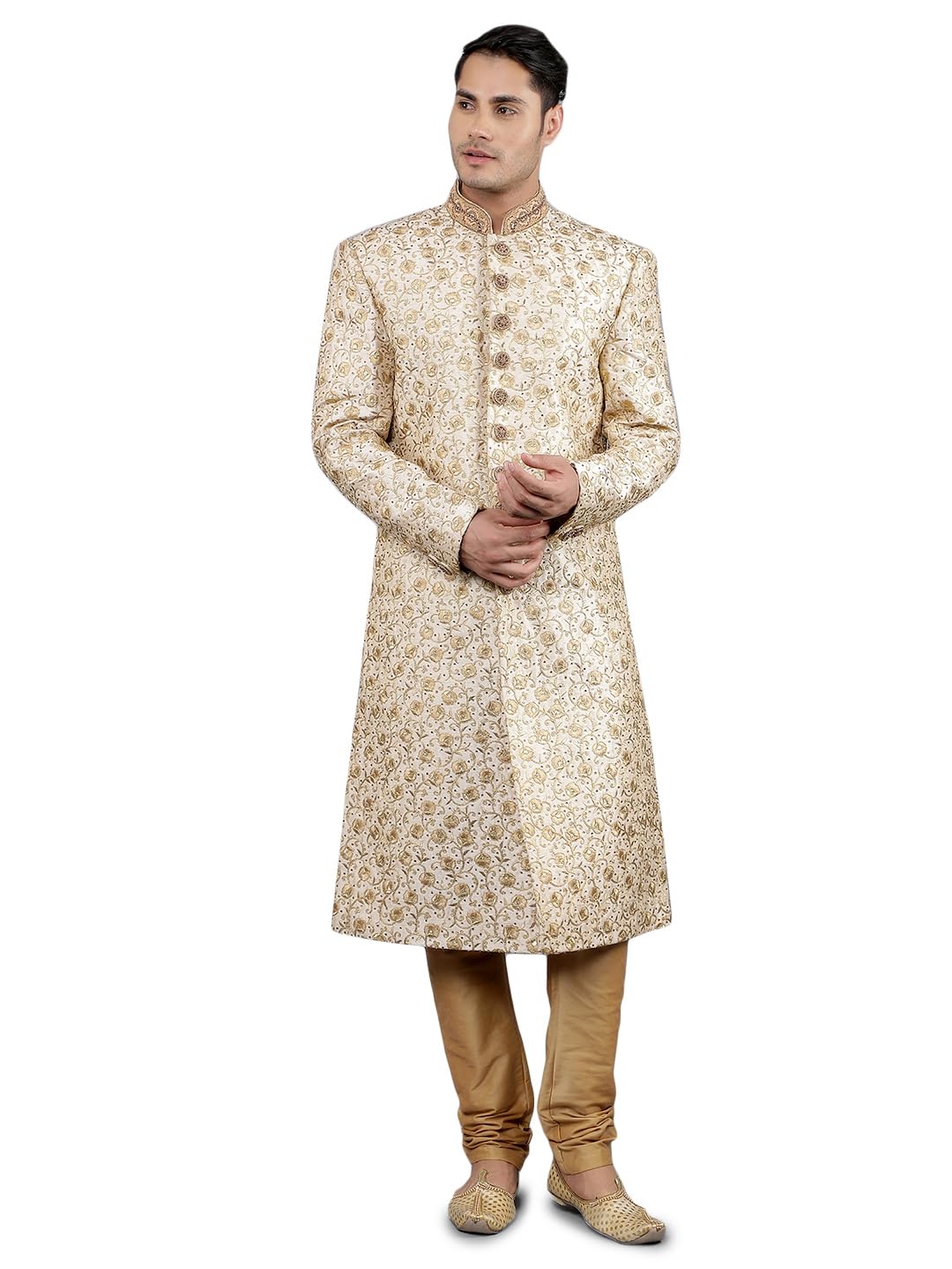 manish creations Men's Embroidered Silk Blend Traditional Sherwani Set-picture-39