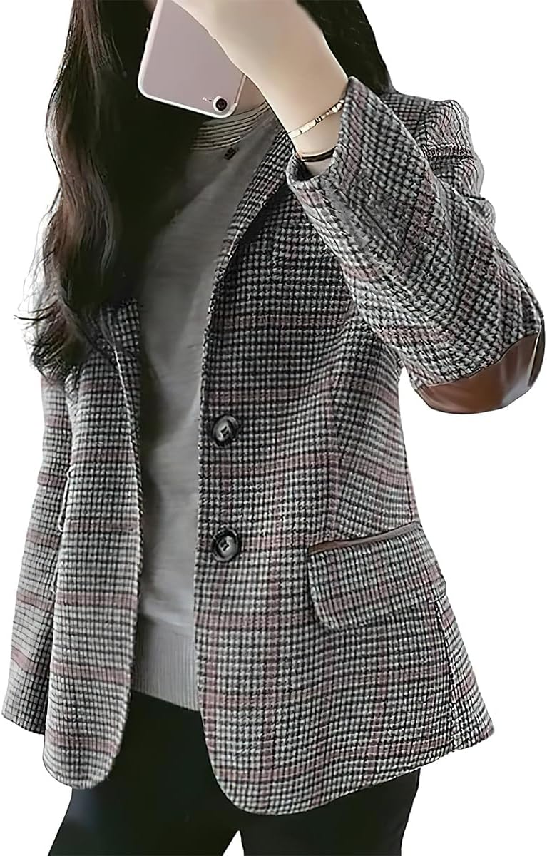 ebossy Womens Vintage Nothced Lapel Single Breasted Boyfriend Blazer Suits Houndstooth Plaid Jacket Coat with Patched Elbow - Image 2
