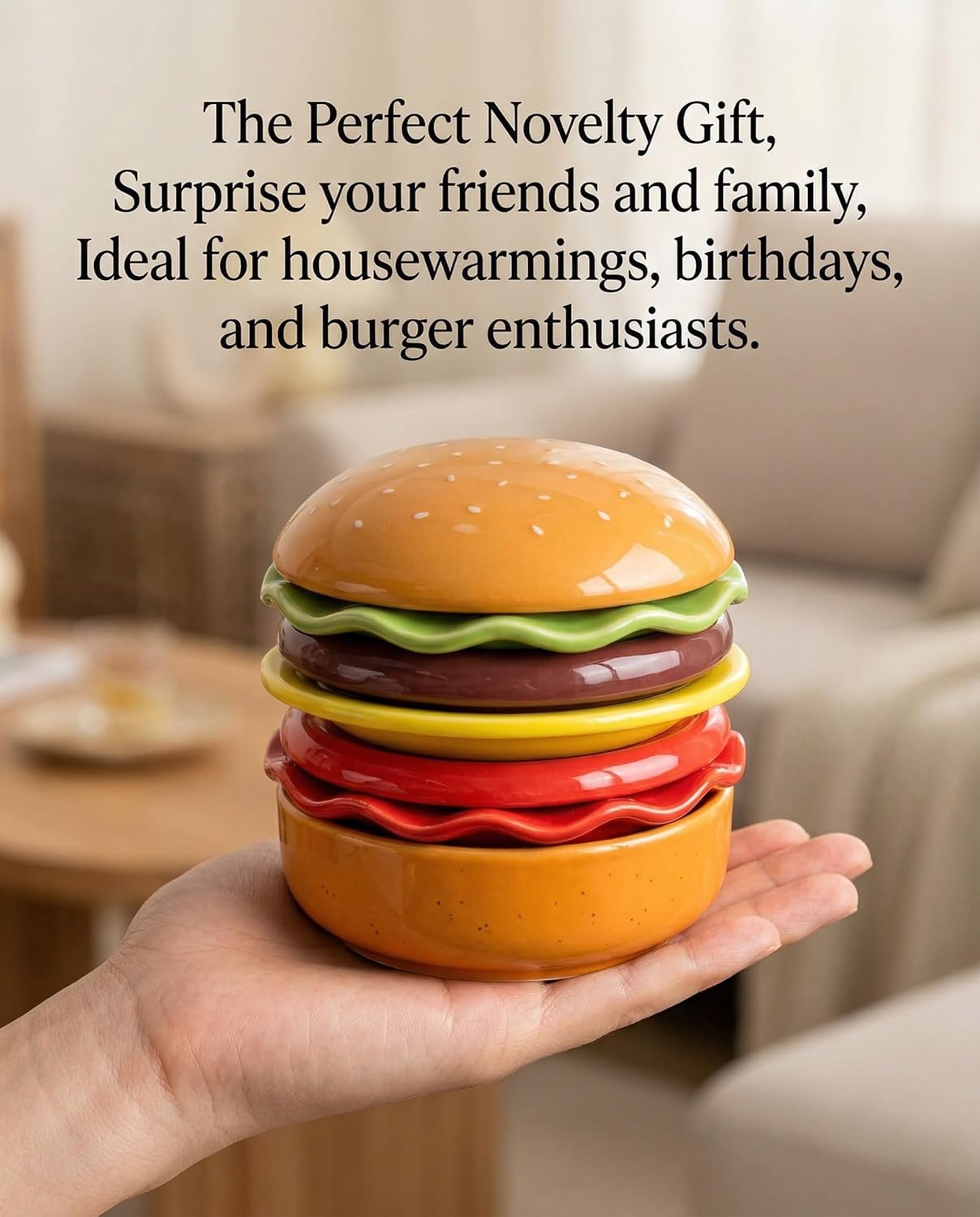 Novelty Ceramic Hamburger Plate Set, Stackable Burger-Shaped Plates, Bowls and Lid, Microwave and Dishwasher Safe