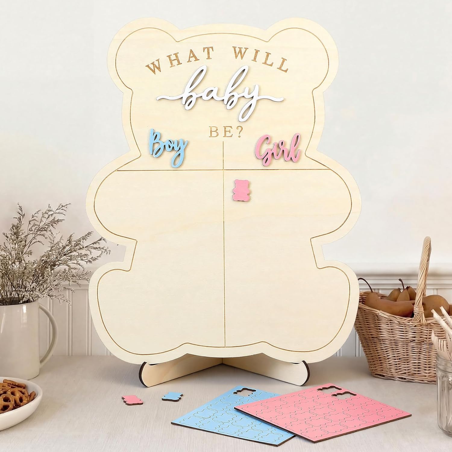 Wooden Baby Bear Themed Gender Reveal Voting Board Sign with Stand, 50 Pcs Girl or Boy Voting Stickers Baby Shower Decorations, He or She Gender Reveal Game Board Cast Your Vote