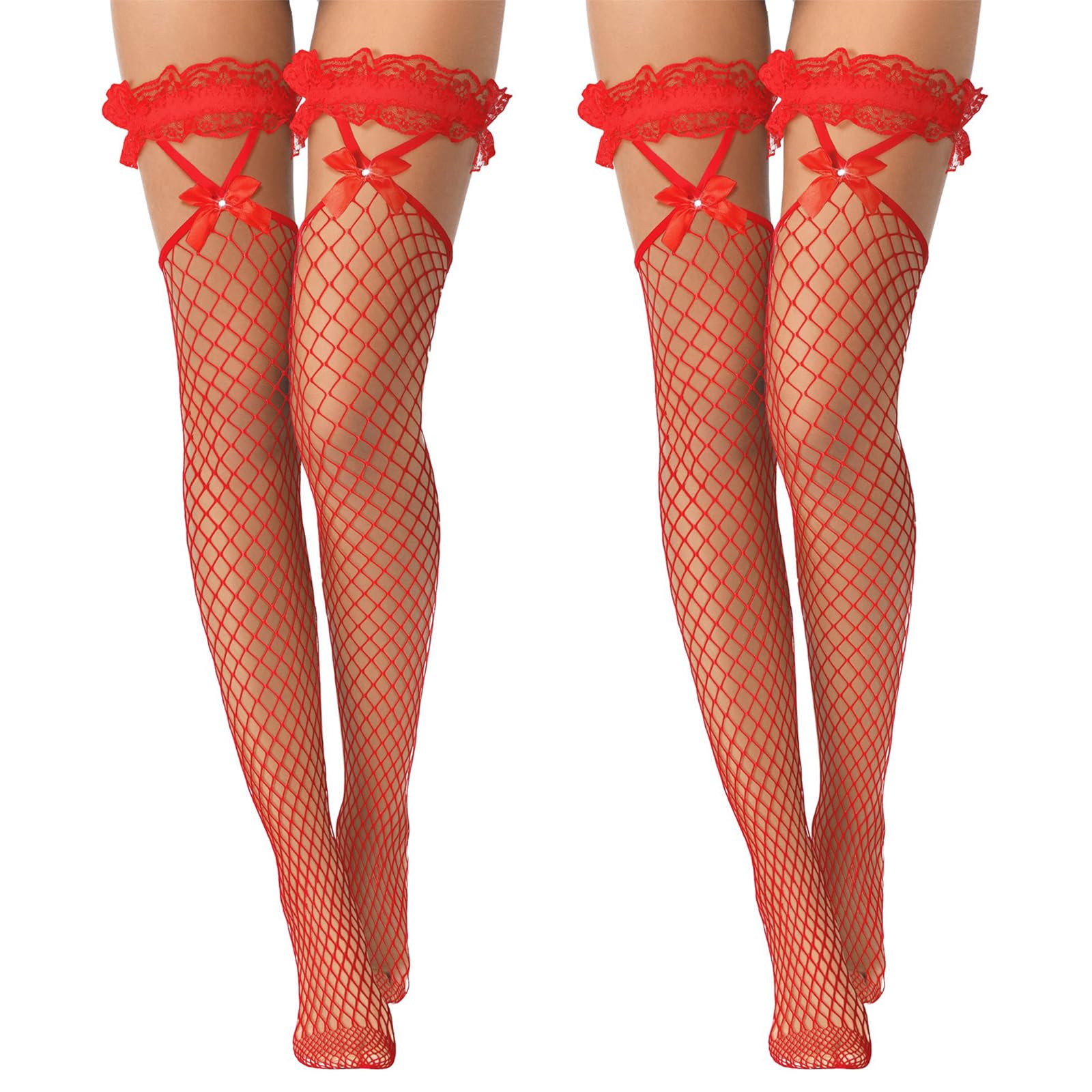 FEXPDL 2 Pairs Red Stockings for Women Lace Top Hold Up Stockings with Bow, Thigh High Red Fishnet Stockings for Women Cosplay Costumes Daily Favors