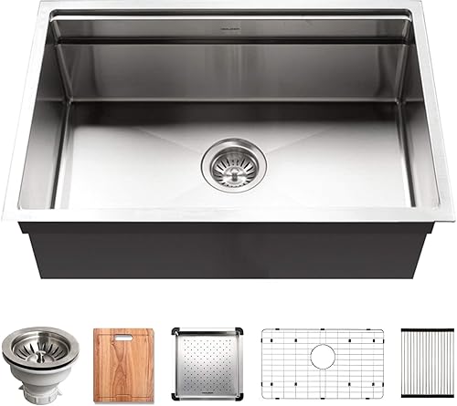 Houzer Novus Series - Fregadero de cocina de doble nivel con estación de trabajo de doble nivel con sistema de plataforma deslizante doble