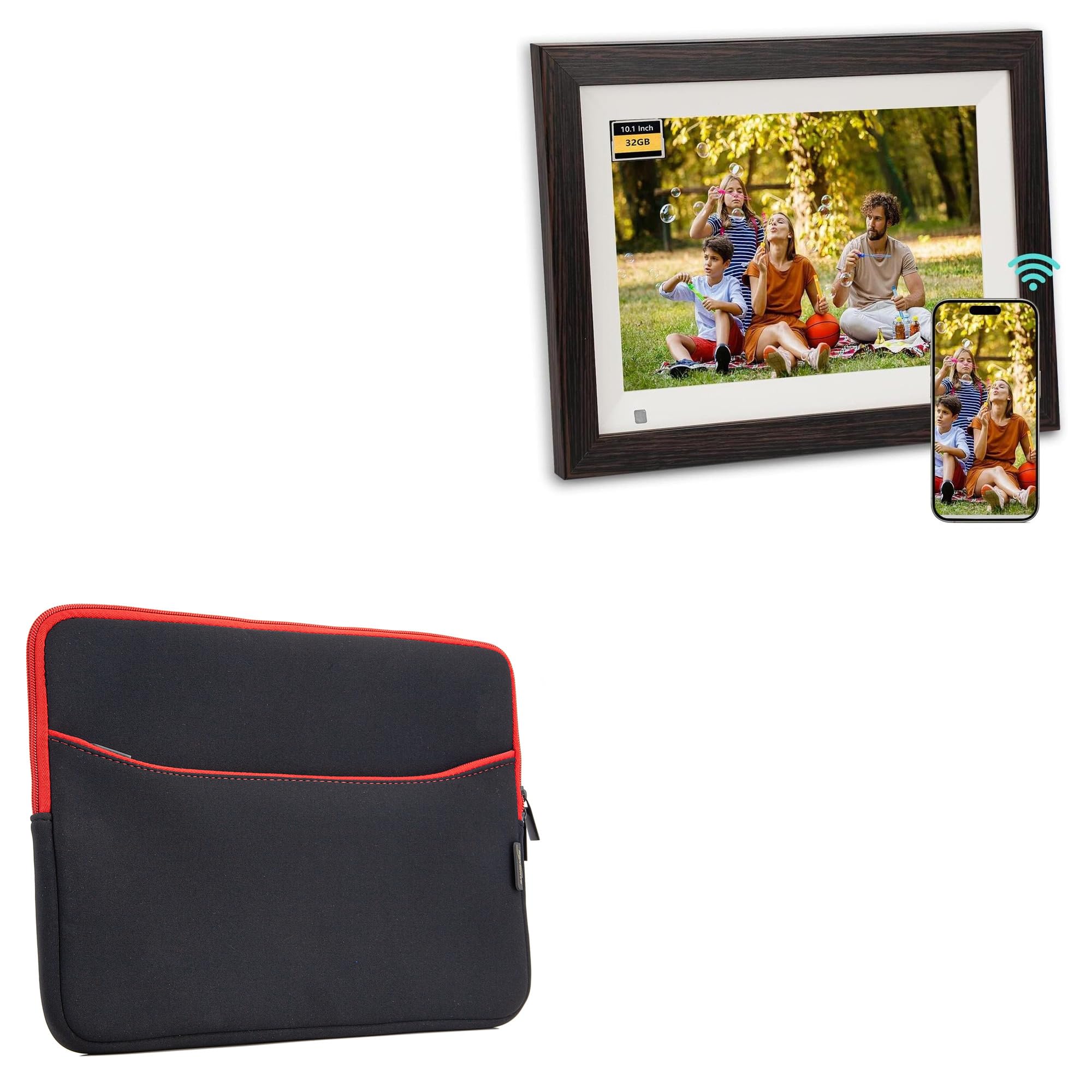 BoxWave Case Compatible with MAEZOE Digital Picture Frame 10.1 in - SoftSuit with Pocket, Soft Pouch Neoprene Cover Sleeve Zipper Pocket - Jet Black with Red Trim