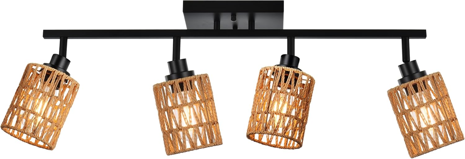 MELUCEE 4 Light Track Lighting Kit Farmhouse Bathroom Light Fixtures Black Ceiling Spotlight Fixture with Rattan Lamp Shade for Hallway Porch Foyer Bath Storage Black 4 Lights