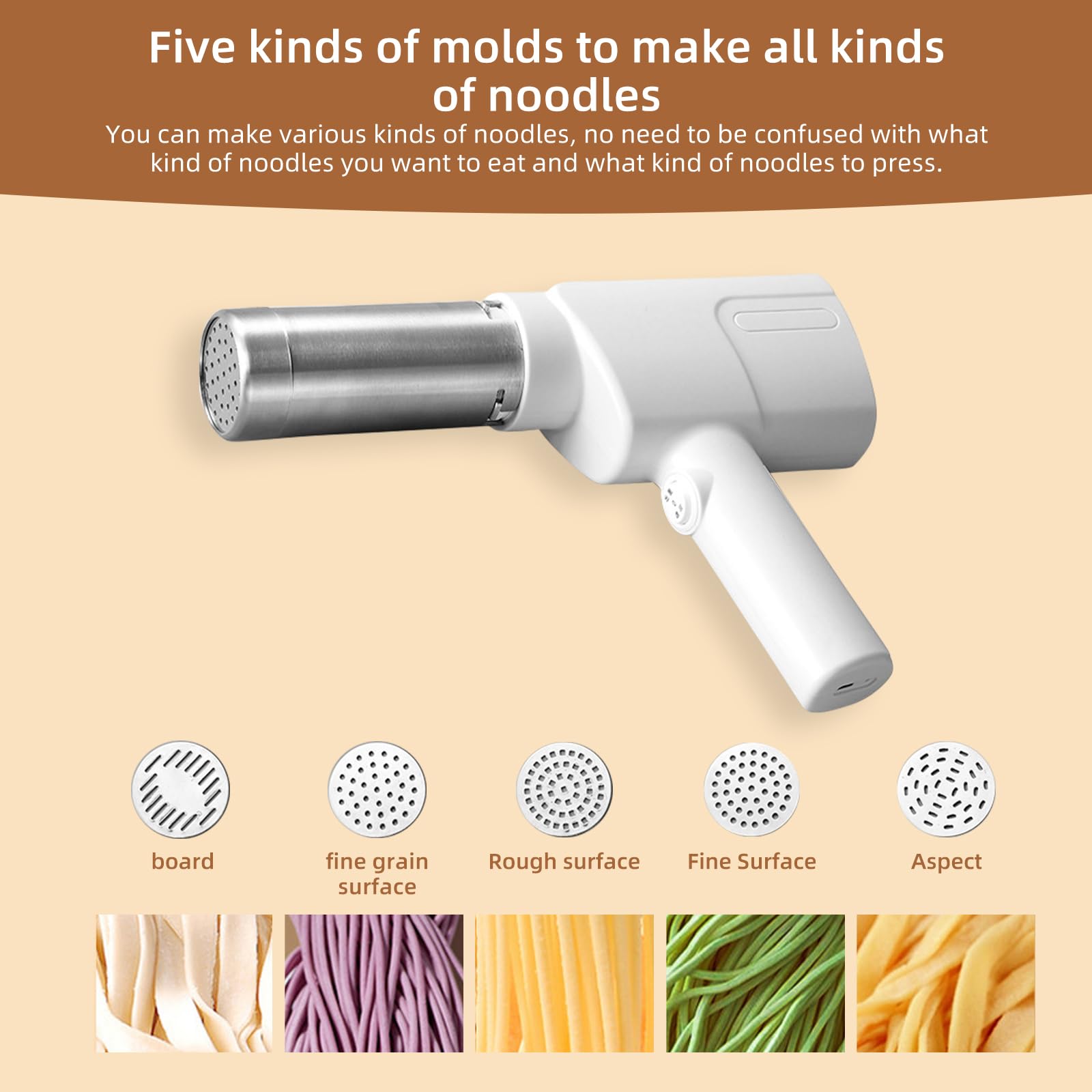 Máquina eléctrica de pasta – Máquina de mano recargable con 5 moldes de fideos para espaguetis fettuccine y fideos delgados/gruesos, fácil de usar, inalámbrica, perfecta para cocinar en casa