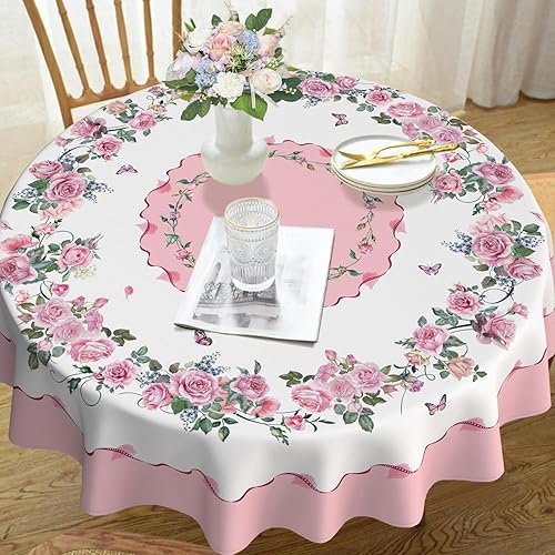 Miniatura 10 de Yighty Mantel redondo de Navidad de 60 x 60 pulgadas, decoración navideña de alce de árbol de Navidad, poliéster, impermeable y resistente a las