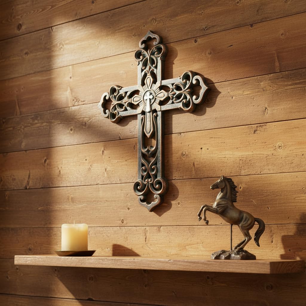 Condition photo showing New/Like New for comfy hour 13" cross for wall, decorative hollow out wall cross, antique bronze style religious plaque, artisan crafted resin art sculpture for home and office, vintage wall decor, 1 unit