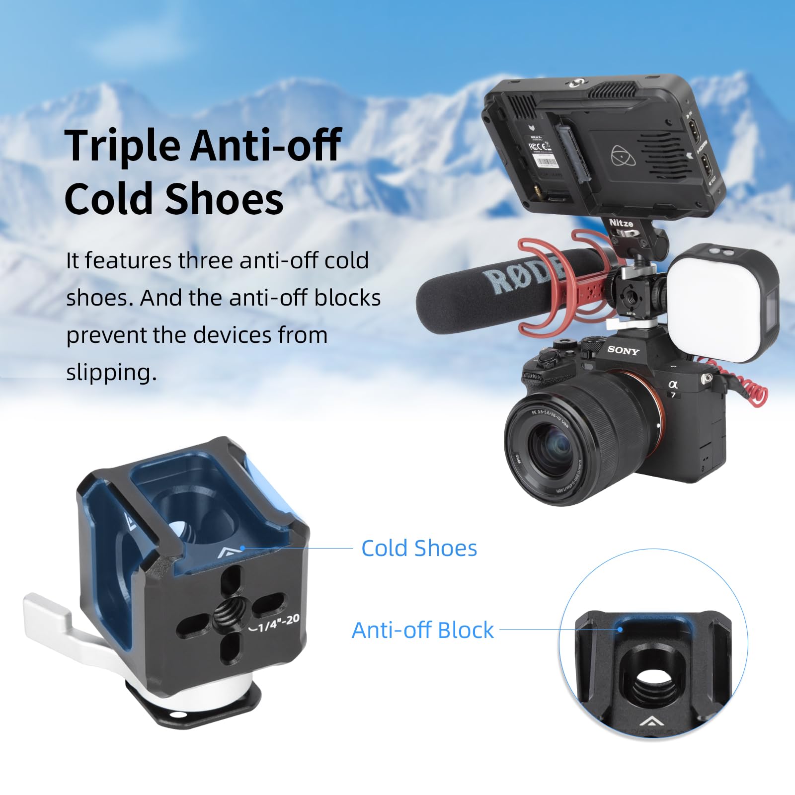 Nitze Triplo Cold Shoe Supporto con 1/4" Threaded Hole, 1/4" and 3/8" ARRI Locating Holes, Quick Release Cold Shoe Mount per Supporto Monitor, Braccio Magico, Luce LED e Microfono - N45-A1