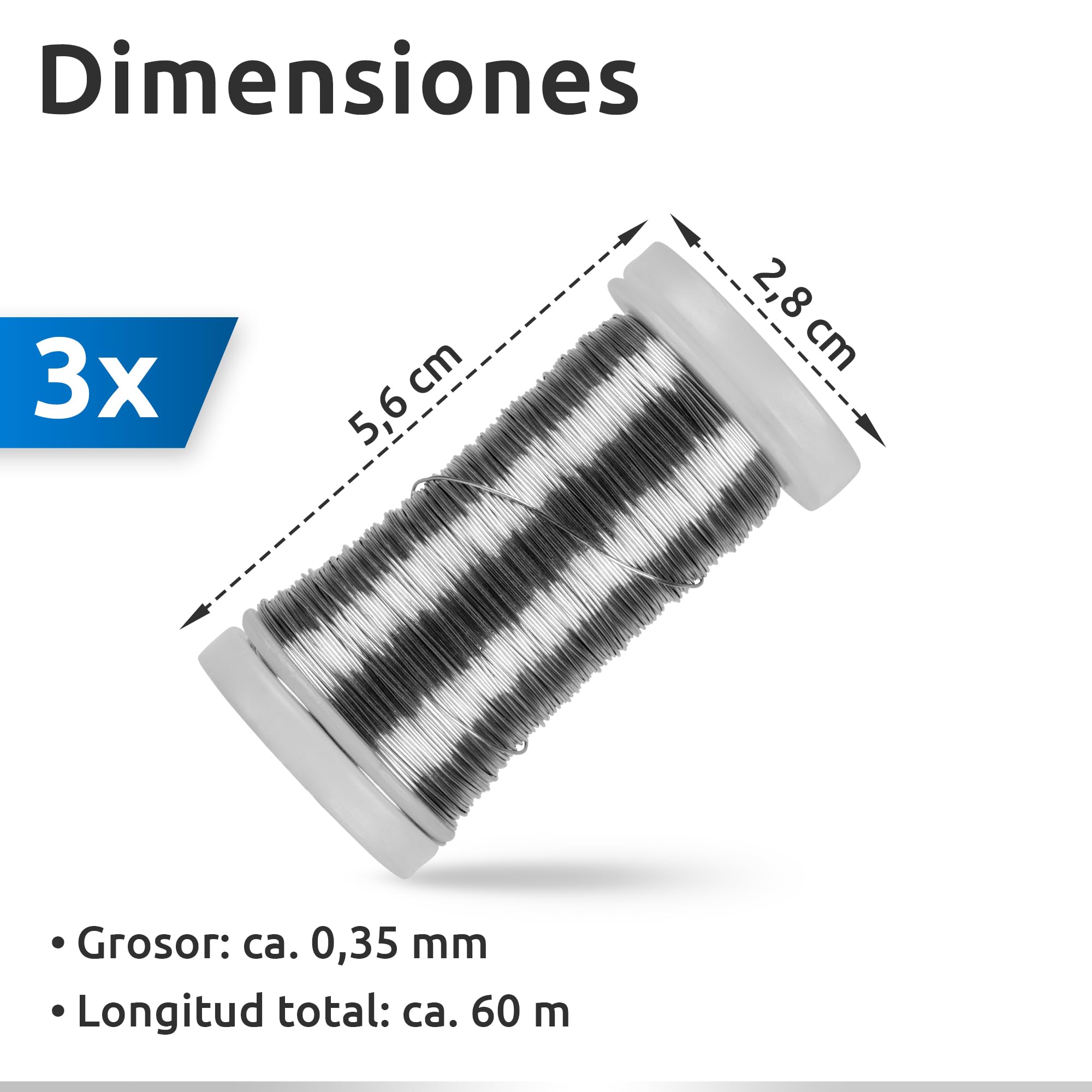 ECENCE Alambre manualidades - 3 rollos 60m Ø 0,35mm - Alambre de mirto recocido de hierro - en color Plata para plantas y floristería - Alambre para atar
