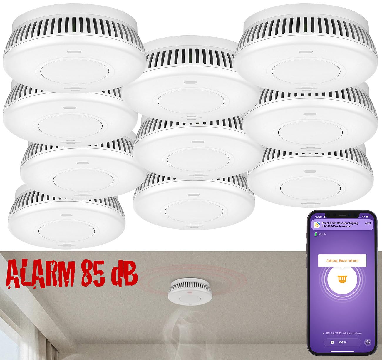 VisorTech sensori di rilevamento fumi: Set da 10 Rilevatore di fumo Wi-Fi, batteria integrata da 10 anni, 85 dB (allarme antincendio, rilevatore fumo wifi)
