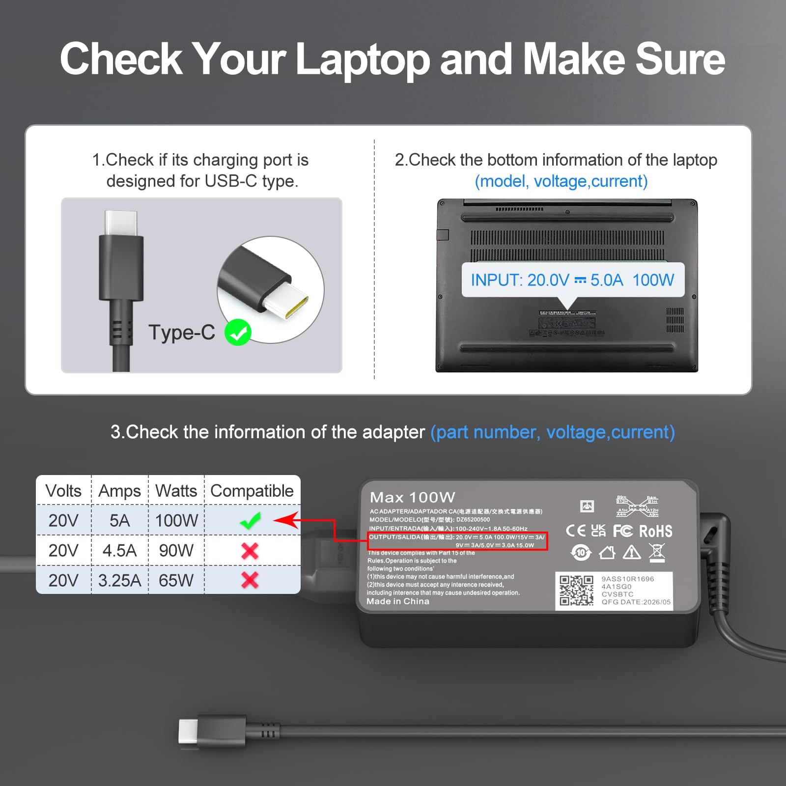 Chargeur USB C 100 W pour ordinateur portable MacBook - Chargeur rapide - Adaptateur secteur compatible avec MacBook Pro/Air 13, 14, 15, 16", MacBook Air 13" 2026/2025/2024 pour Lenovo/hp/Dell Asus