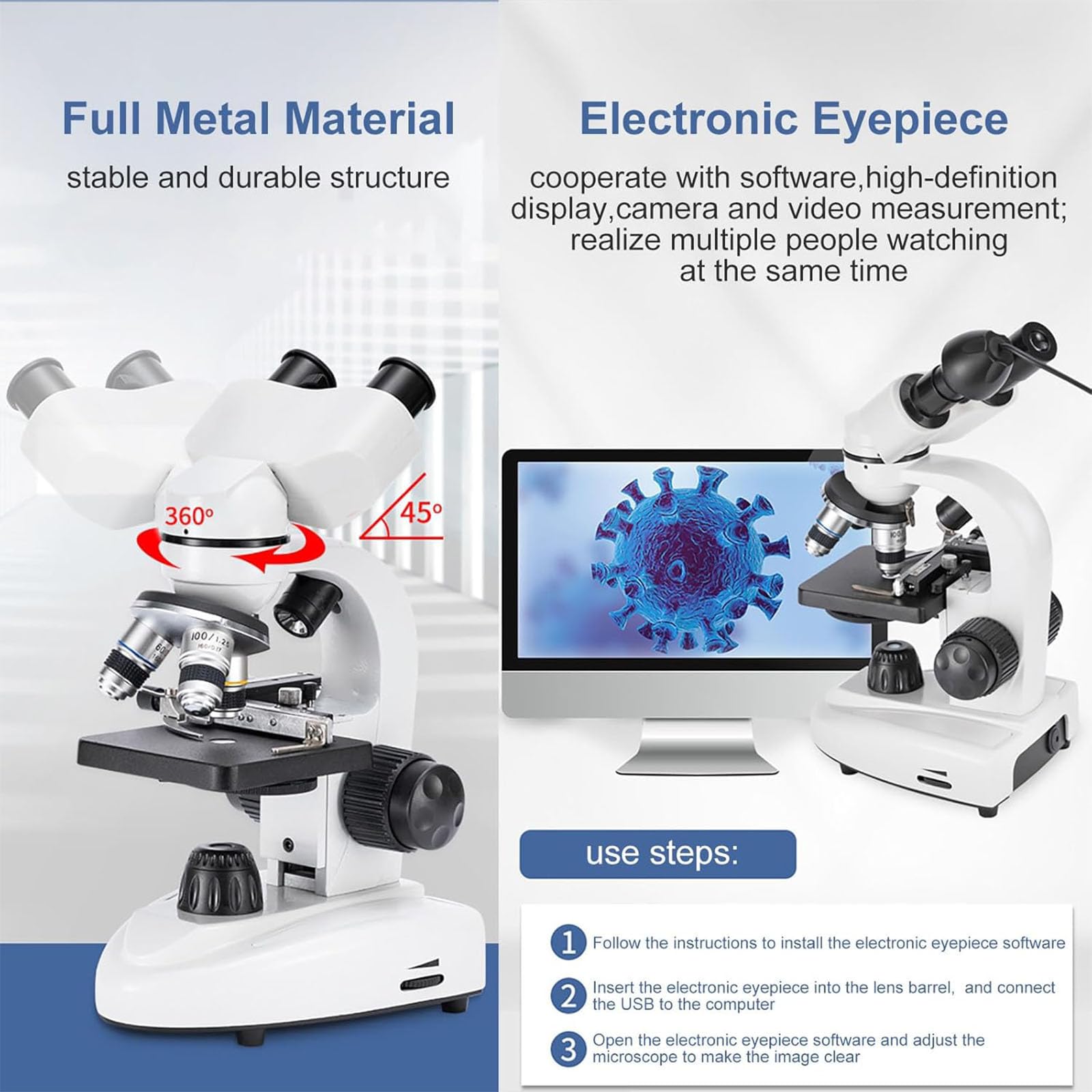 Microscopio Óptico De Laboratorio, Microscopio Binocular Compuesto 40X-2500X, con Ocular Eléctrico De 2.0 MP, Iluminación LED Dual, Captura De Imágenes Y Grabación De Video