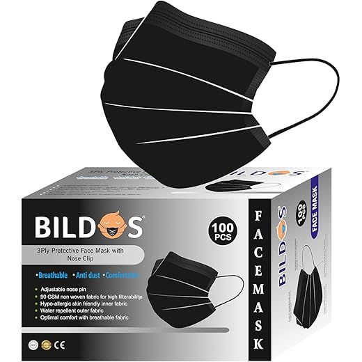 Bildos® Melt-Blown Fabric 100 Black Masks Pack 3 Layer Disposable Face Mask with Nose Clip For Home, Office, School, and Outdoors