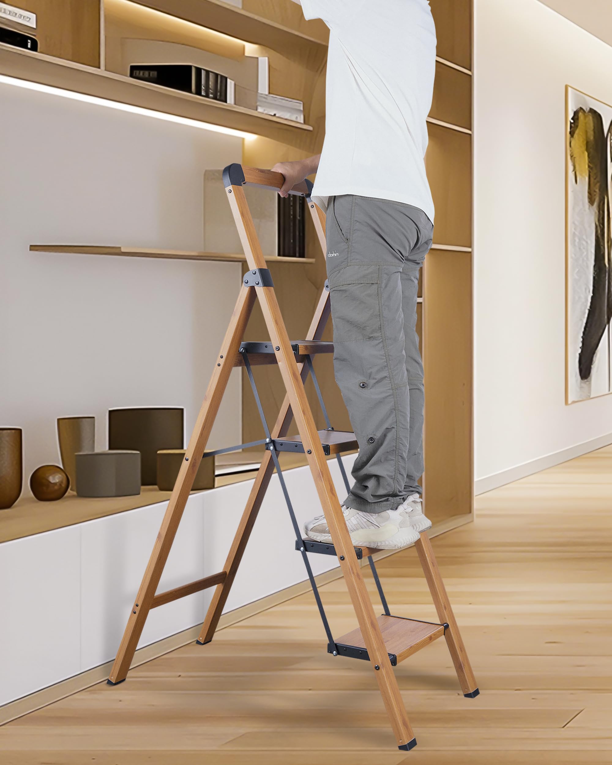 Step Ladders Folding 4-Step Woodgrain Finish Aluminum Foldable Step Stool,Anti-Slip Portable Sturdy for Home & Kitchen Office 330 lbs