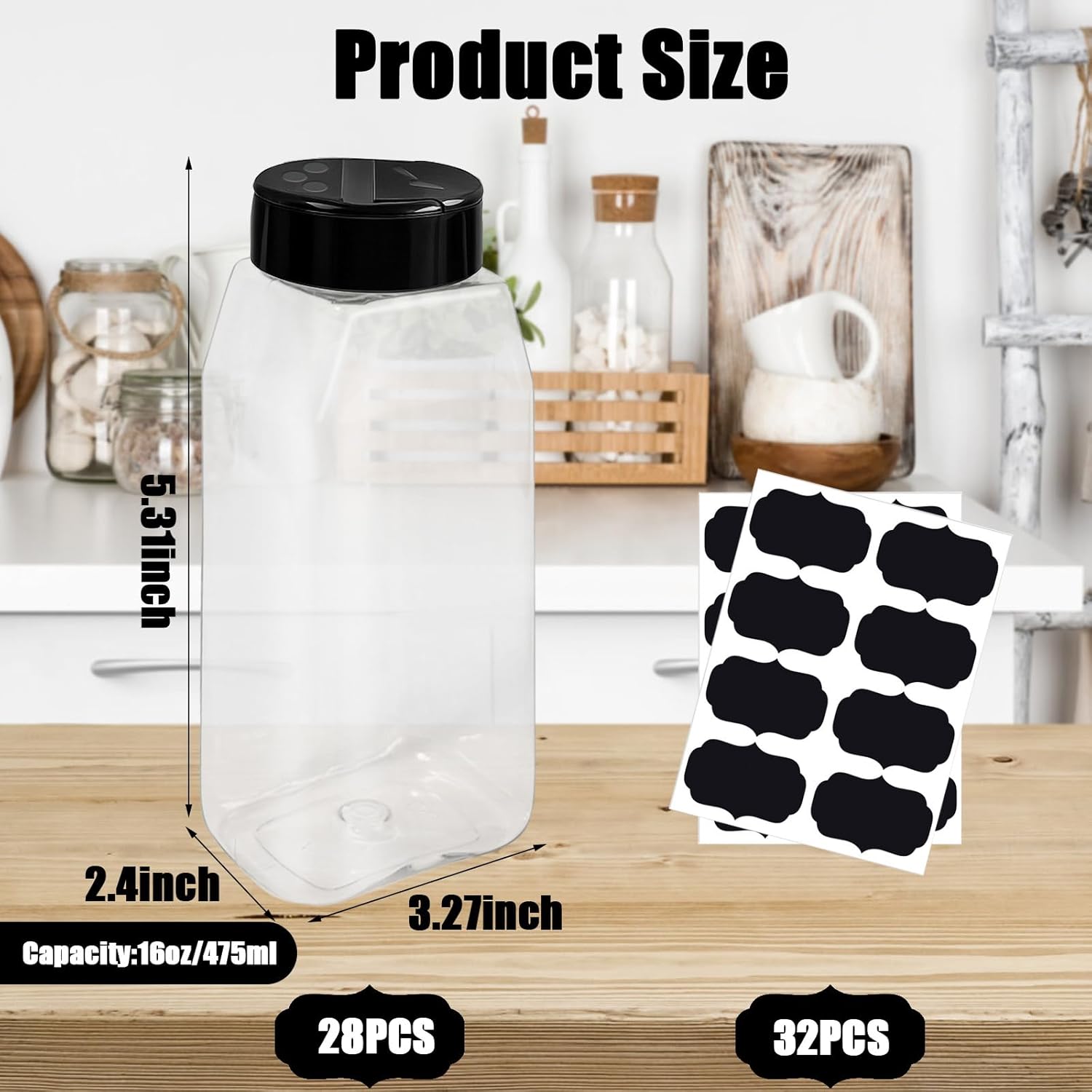 28 Pack 16 Oz Plastic Spice Jars Bottles Containers with Black Cap Empty Seasoning Bottles Large Clear Spice Shaker and Stickers for Storing Spice, Salt, Herbs