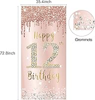 Vista 2 de Cartel para puerta de cumpleaños número 12 para niñas, letrero de feliz cumpleaños de 12 años de color rosa dorado rosa con texto en inglés "Happy
