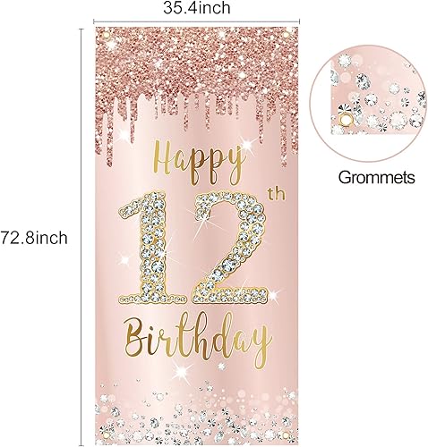 Miniatura 2 de Cartel para puerta de cumpleaños número 12 para niñas, letrero de feliz cumpleaños de 12 años de color rosa dorado rosa con texto en inglés "Happy