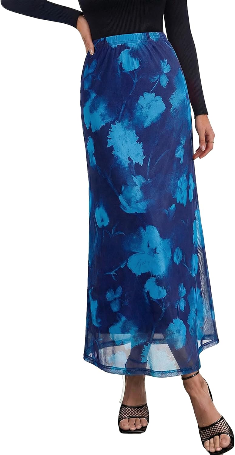 BLENCOT Womens Long Mesh Skirts Spring Boho Printed High Waisted A-Line Flowy Maxi Skirt for Beach Vacation - Image 7