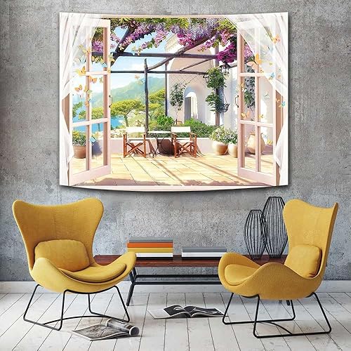 Miniatura 7 de Ine Ive Tapiz de jardín de balcón con vistas al mar y montaña, tapiz de ventana de escena de 40 x 30 pulgadas, tapiz de pared de paisaje natural