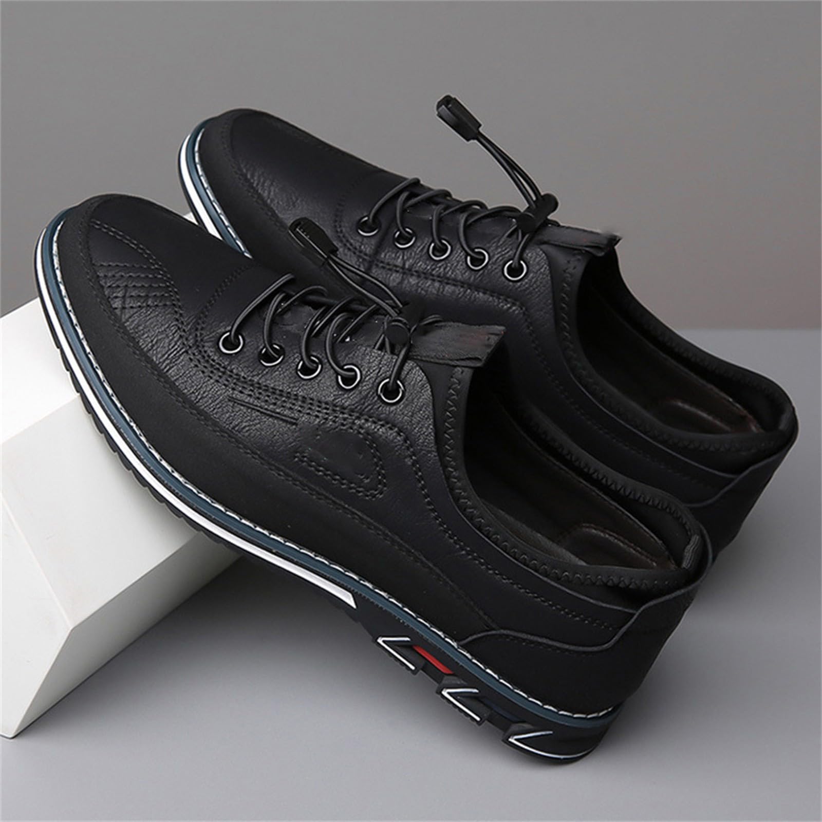 Scarpe da uomo in pelle casual con lacci elastici a chiusura rapida, Nero