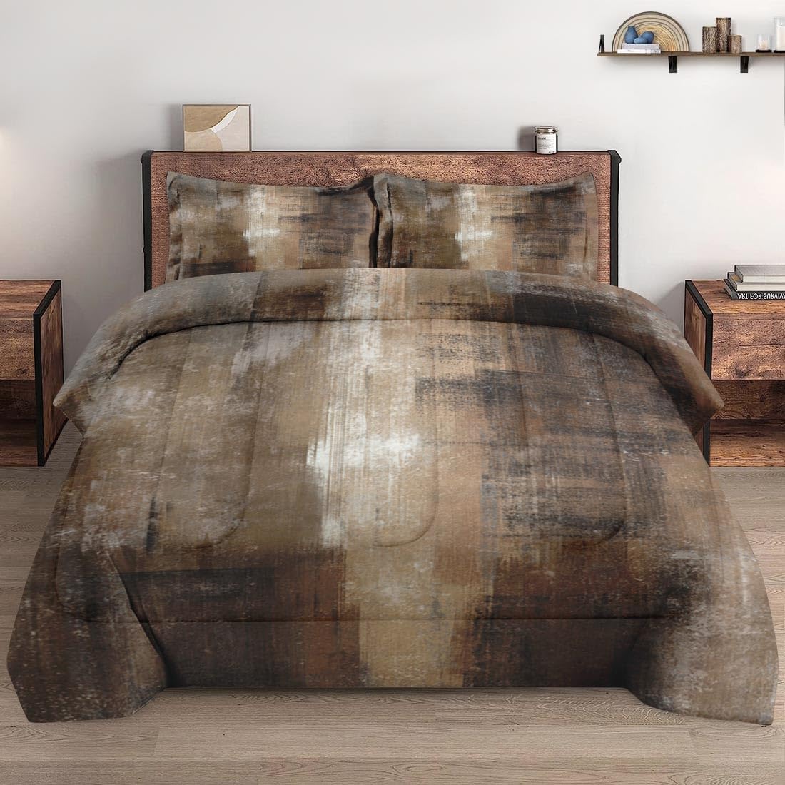 Queen Size Comforter Set with 2 Pillowcases, Brown Grey Painting 3 Pcs Bedding for Kids and Adults, Beige Contemporary Soft Comforter Set for Bedroom Bed Decor