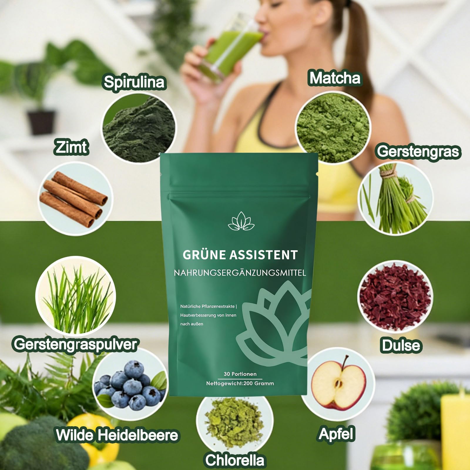 2 Pack Grünes Superfood Pulver 200g, Grüne Entgiftungspulver, Natürliches Pflanzenpulver mit Matcha, Spirulina, Gerstengras & Heidelbeeren, Für Energie & Stoffwechsel (Grüne*2)