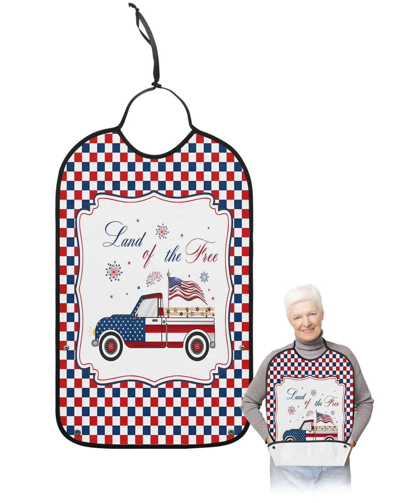 4th of July Adult Bibs for Eating, Waterproof Bibs with Food Catcher & Adjustable Snap Closure, Independence Day Truck Red Blue Plaid Washable Clothing Protectors Adult Bibs for Elderly Women/Men