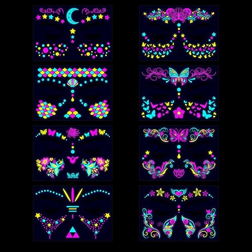 Miniatura 2 de Tatuajes temporales que brillan en la oscuridad, tatuajes temporales falsos para la cara, maquillaje UV, neón, mariposa, floral, tatuajes,