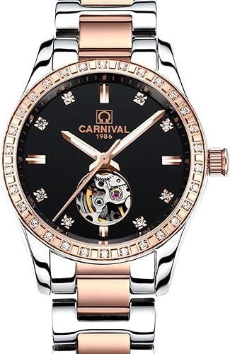 CARNIVAL Reloj mecánico automático de zafiro sintético para mujer oro rosa acero inoxidable zafiro resistente al agua blanco