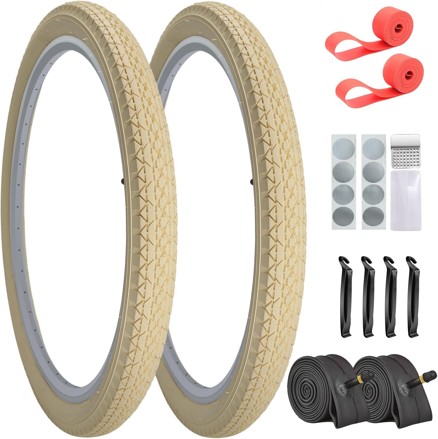 SIMEIQI 2 Pack 24"x2.125" 26"x2.125" 26"x2.35" Cream Cruiser Beach Bike Tires and Tubes with 2 Rim Strips Glueless Patches Kit Foldable Replacement Beach Bike Tires for City Hybrid Bicycles