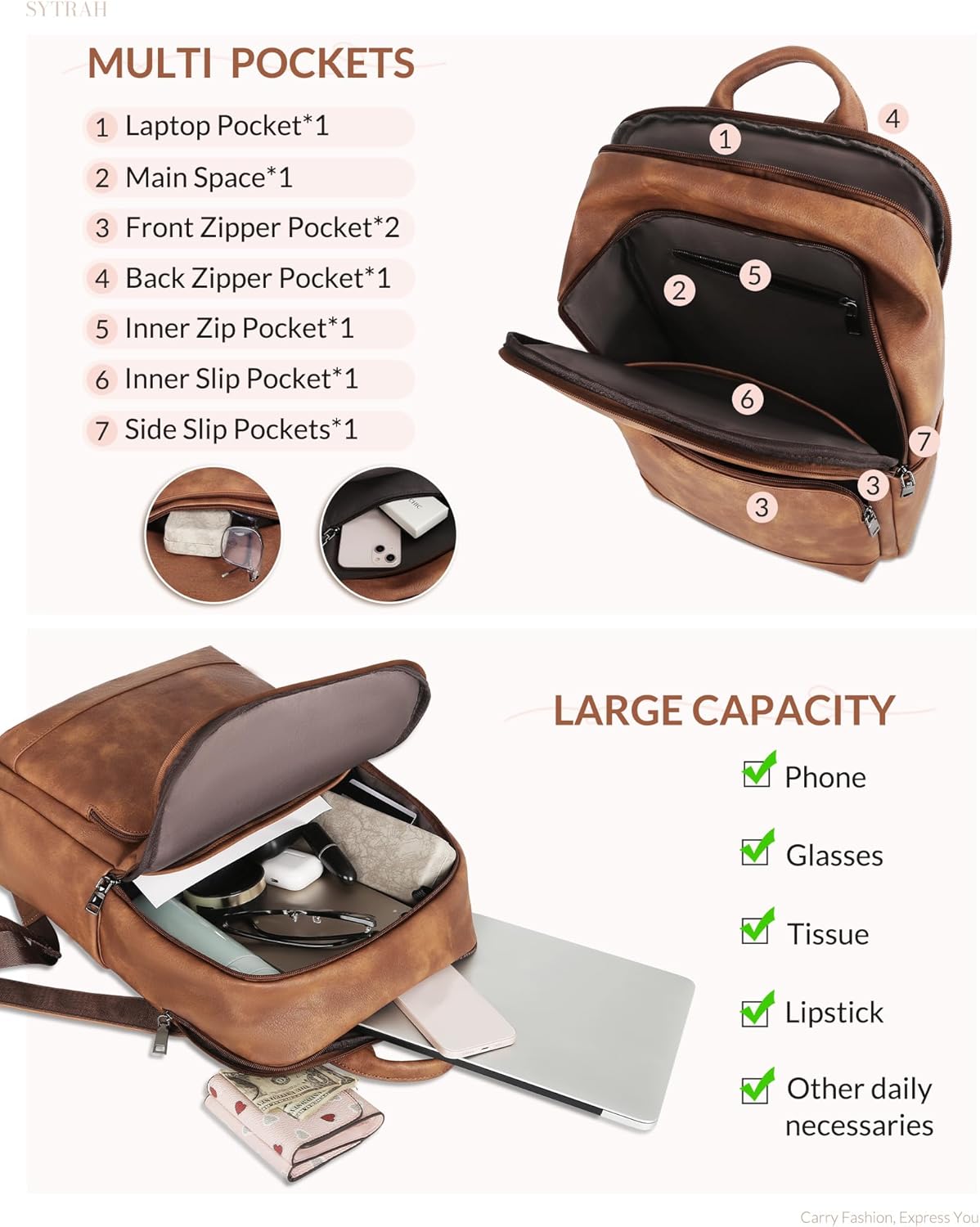 Leather Backpack for Women, Vintage 15.6 inch Laptop Backpack Purse for Women, College Casual Backpacks Ladies Computer Bags for Travel Business Work Mocha Brown - Image 5