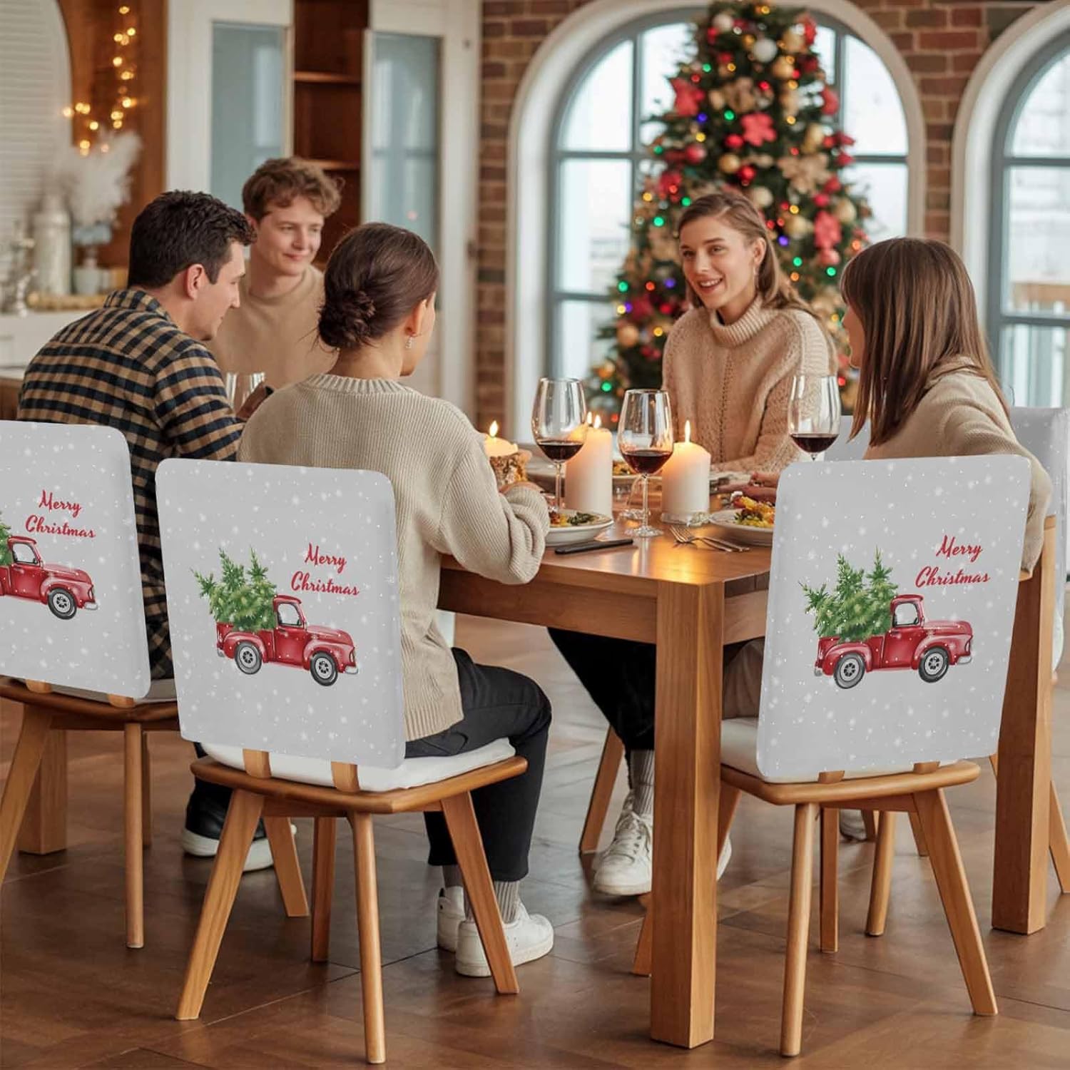 Chair Back Covers for Dining Room Christmas Red Truck with Pine Tree Chair Slipcovers Pack of 4,Removable Washable Chair Cover Protector for Banquet Events Party Decor Winter Snowflake on Gray