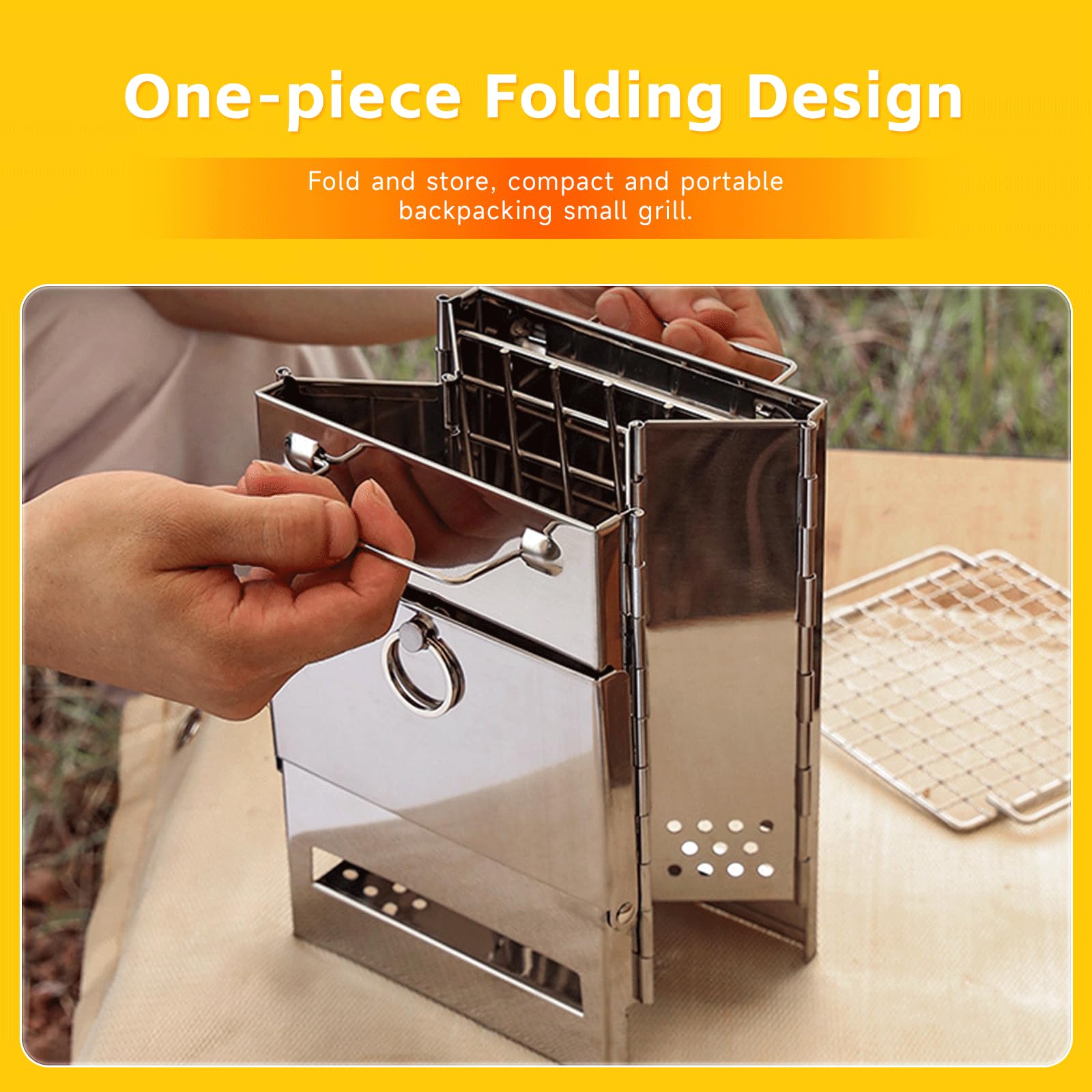 Estufa plegable de camping y parrilla, estufa plegable portátil de acero inoxidable, estufa de camping para cocinar al aire libre, senderismo, supervivencia, viajes, picnic, barbacoa (6.3 x 6.3 x 8.7
